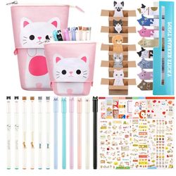 417 Pcs Cute Cat Stationery Set Cat Telescopic Pencil Pouch Case Gel Ink Pen Sticky Memos Notes Album Sticker for School Office(Pink Cat Style)