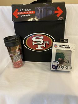 San Francisco 49ers cup duffle bag and AirPod case
