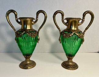 Pair of Antique Pairpoint MFG Quadruple Silver Plate & Crystal Cut Glass Vases