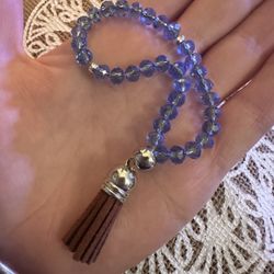 Mini Pocket 33 Faceted Glass Bead Islamic Prayer Beads Mesbiha Silver & Blue With Brown Tassel