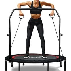 RAVS Mini Trampoline for Kids Adults 40"/48" Foldable Fitness Rebounder Kids Trampoline with 5 Levels Height Adjustable Handle Resistance Bands Indoor