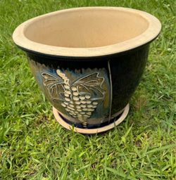 Large Blue 15 In Diameter Round Ceramic Planter W/ Ceramic Saucer