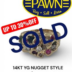 14KT YG NUGGET STYLE RING W/RED,GREEN & DIAMONDS 