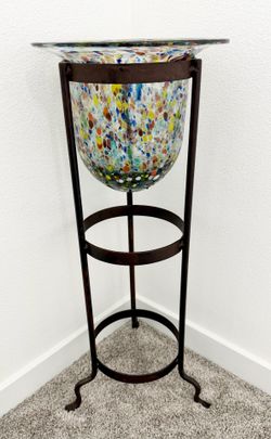 Vintage Confetti Glass Bowl W/Wrought Iron Stand