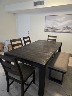 Dark Wood Dining Table Set with Chairs and Bench