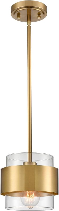 CLAXY Glass Pendant Light Mini Gold Hanging Pendant Lighting Clear Cyliner Shade for Kitchen Sink Dining Bathroom, Adjustable Hanging Rods.