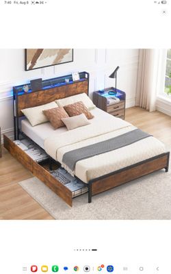 Queen Bed Frame With LED And Charging Station 