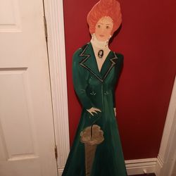 Large Almost 4' - Wood- Victorian Lady Wearing A Cameo And Carrying A Parasol  