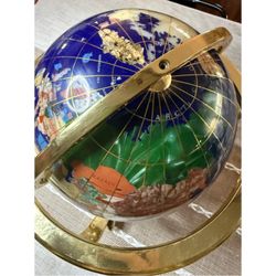 Vintage Globe Precious Inlaid Stone Solid Brass