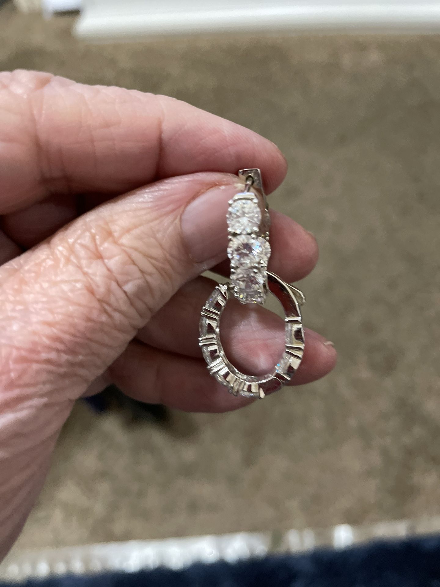 Beautiful White Cubic Stone Brilliant Cut Hoop Earrings 3/4” Dangle