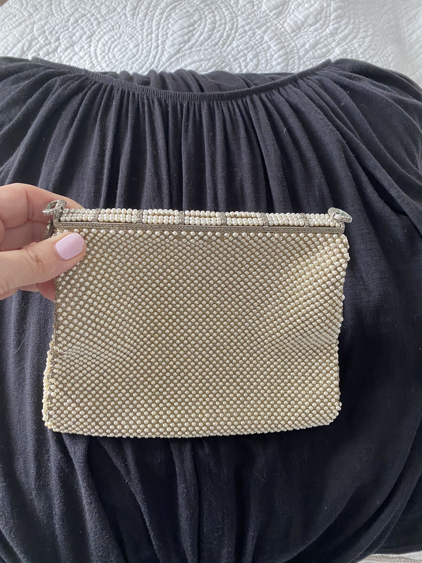 Vintage Champagne mini Pearl Beaded Marcasite Etched Silver tone Clutch Purse.