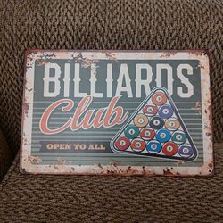 BILLIARDS METAL SIGN.  12" X 8".  NEW.  PICKUP ONLY