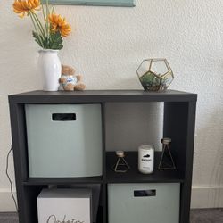 Black 4 Cube Organizer With Two Light Blue Storage Boxes