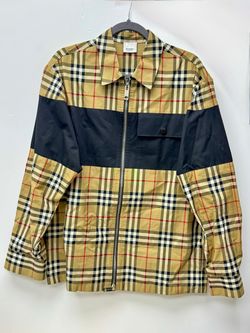 Burberry Contrast Panel Check Zip Cotton Shirt Jacket Beige Nova Check