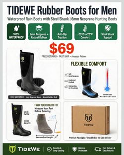 Size 10 Rubber Boots for Men, Waterproof Rain Boots