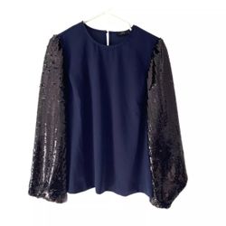 J. Crew Navy Blue Black Sequin Long Sleeve Blouse Size Large NWT Brand New