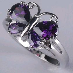 BRAND NEW IN PACKAGE LADIES 10 KT WHITE GOLD PURPLE AMETHYST BUTTERFLY POLISHED SILVER RING SIZE 9