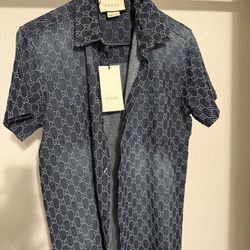 Gucci GG Jacquard Denim Shirt 630723 Dark Navy Blue Short Sleeve Button Down M NWT