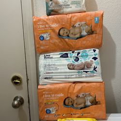 3 Diapers Bags (Size 1) And 1 Pampers Baby Wipes