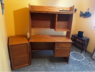 Solid Oak desk with credenza and file cabinet