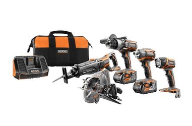 RIDGID 18-Volt Lithium-Ion Cordless 5-Tool Combo Kit with (2) 4.0 Ah Batteries, 18-Volt Charger, and Contractor's Bag