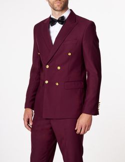 Mens Maroon Double Breasted Jacket Tailored Fit Peak Lapel Gold Button Blazer and pant