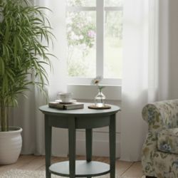 Solid Wood Pair of Modern Round Side Accent Tables Refinished in Soft Olive Green