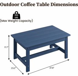 HDPE Outdoor Coffee Table, Blue 37.8" Rectangle, Patio Side Table All-Weather & Easy-Clean Deck Table for Balcony, Poolside, Garden$50