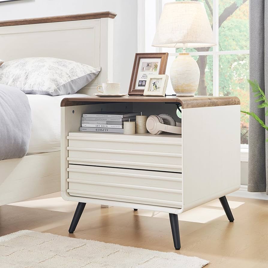 24" Nightstand with Charger Station, Mid Century Modern Fluted End Table with 2 Drawers, Wooden Side Table with Open Cubby Storage for Living