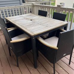 7 Pieces Patio Rattan Dining Set with Armrest Cushioned Chair and Wooden Tabletop
