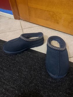 Navy Blue Suede Sherpa-Lined Slippers