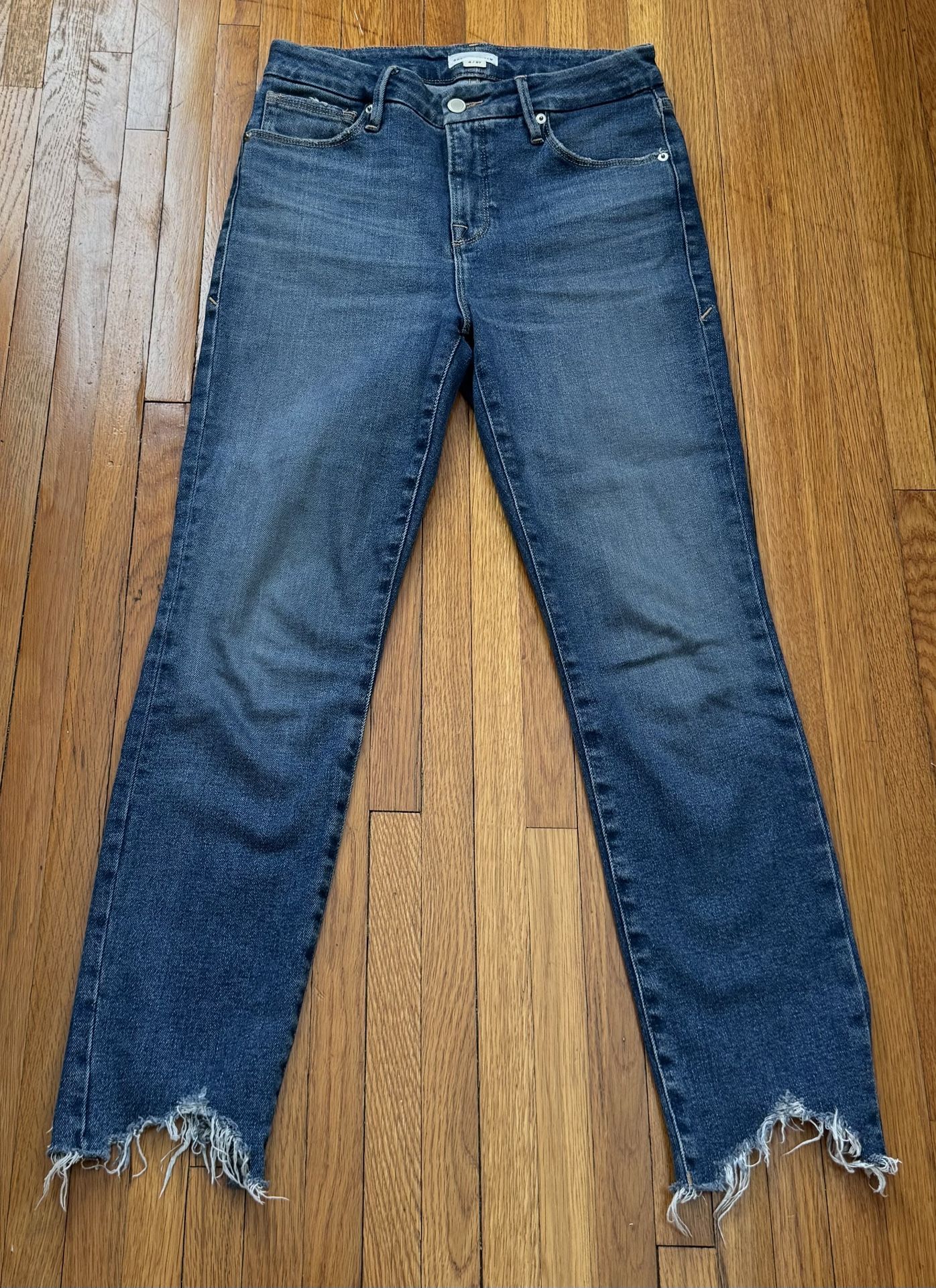 Good American Raw Asymmetric Hem High Rise Jeans, size 4/27