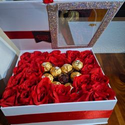 White Box With Artificial Red Roses And Chocolates Ferrero Rocher 