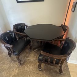  Vintage Wood & Leather Game Table Set – 4 Rolling Chairs + Octagon Table 