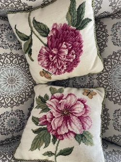 Needlepoint Floral Throw Pillows Set of 2