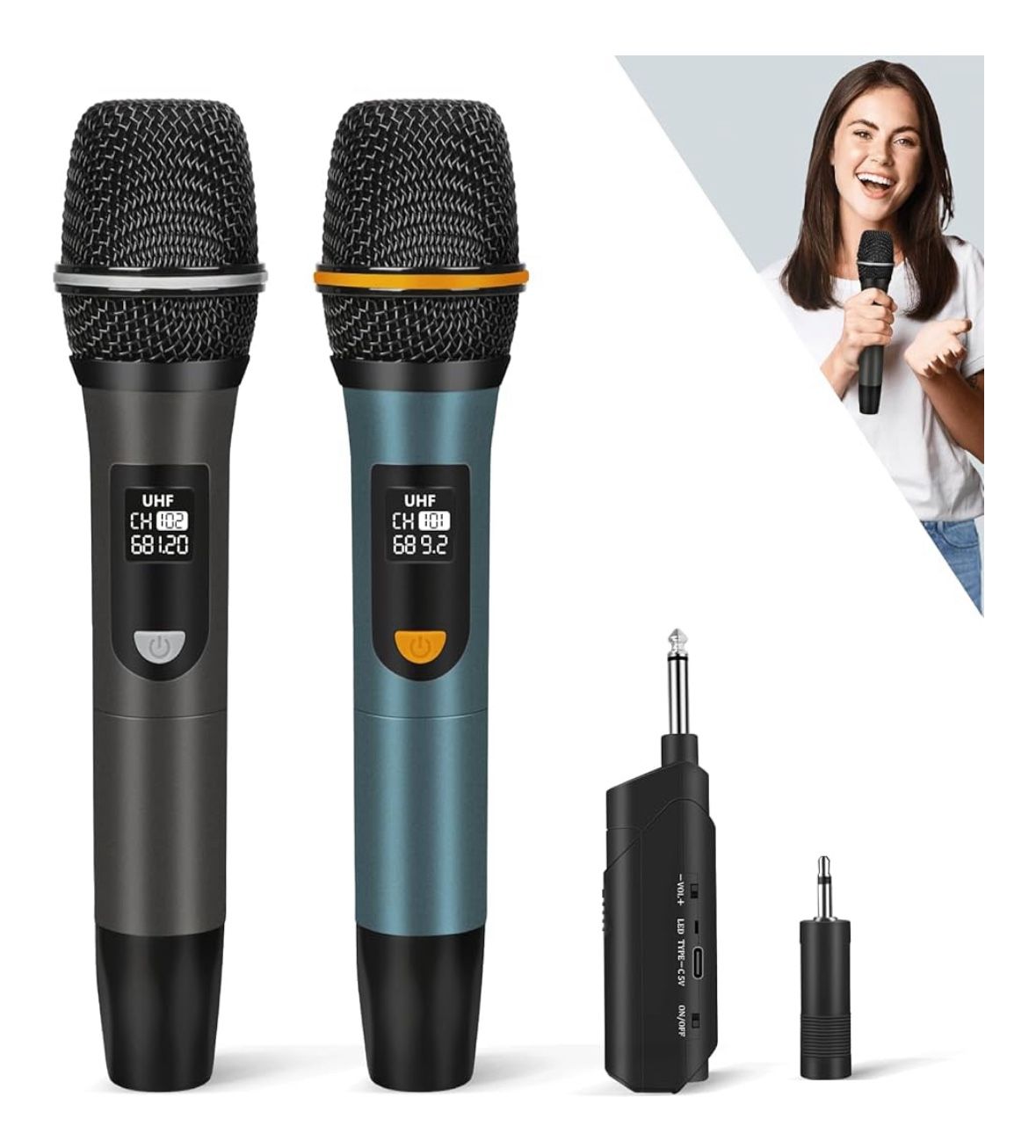 Wireless Microphones, UHF Metal Rechargeable Cordless Dynamic Mic System with Auto-Connect Receiver, 160ft Range Professional Wireless Microphone for