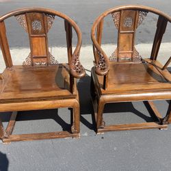 Pair of Ming Style Marvelous Heavy Chinese Rosewood Carved Horseshoe Back Arm Chairs