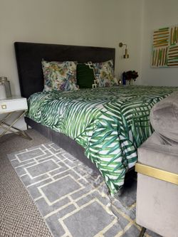 King Upholstered Bed With Saatva Mattress W Side Tables