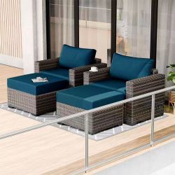 Outdoor Wicker Patio Chair with Ottoman for Porch Balcony Deck Backyard, Red Brown Rattan Sofa Chair Waterproof Removable 2 PCS Peacock Blue