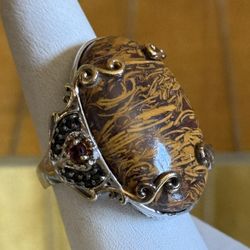 Sterling Silver 925 Indian Scrip Stone Garnet Black Onyx Cocktail Ring
