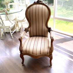 Late 20th Century Victorian Style Carved Wood High Back Upholstered Bergere Chair by Mark Rochford Upholstery