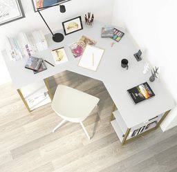 Elephance Large L-Shaped Computer Desk with Shelves, Modern Home Office Corner Desk, Writing Workstation, Gaming Desk with Storage(White and Gold Fram