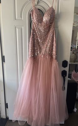 “Nox Anabel” Glitter Sheer Beaded Sleeveless Prom Dress- RoseGd