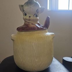 Vintage 1950's Kitschy American Bisque Ceramic Puppy In A Pot Cookie Jar