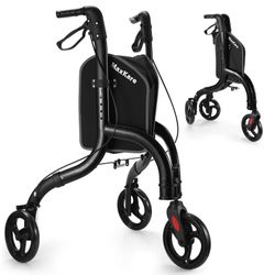 Foldable 3-Wheel Walker w/ Brakes – Lightweight Senior Rollator