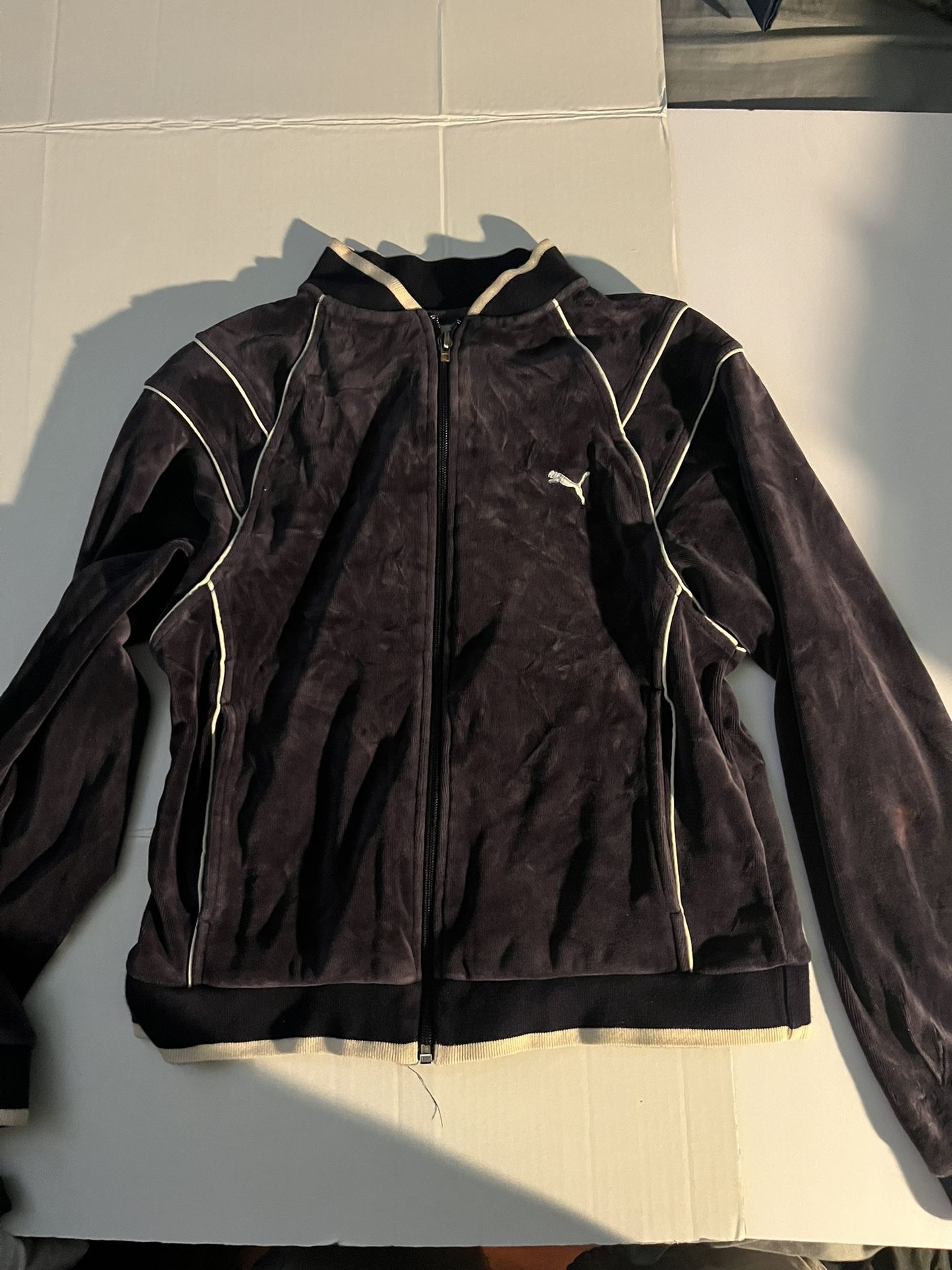 Puma Sweatshirt Black Velvet Velour Zipper Track Jacket SZ M