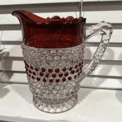 Vintage Antique Ruby Red Hobnail Glass Pitcher.