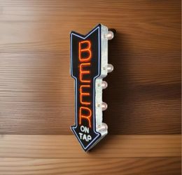Beer on Tap Double-Sided Marquee Sign with Neon Print and LED Bulbs Vintage Insp