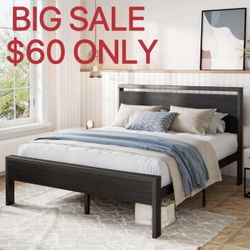 BIG SALE FULL/ QUEEN Size Bed Frame, Heavy Duty Metal Platform Bed with Wooden Headboard & Footboard
