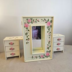 Vintage Hand-Painted Floral Mirror Wall Cabinet & Rose Shelf with Drawers – 2-Piece Set